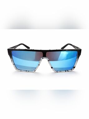 True Religion Shield Sunglasses Blue Mirrored Lens Black White Speckle UV400.
